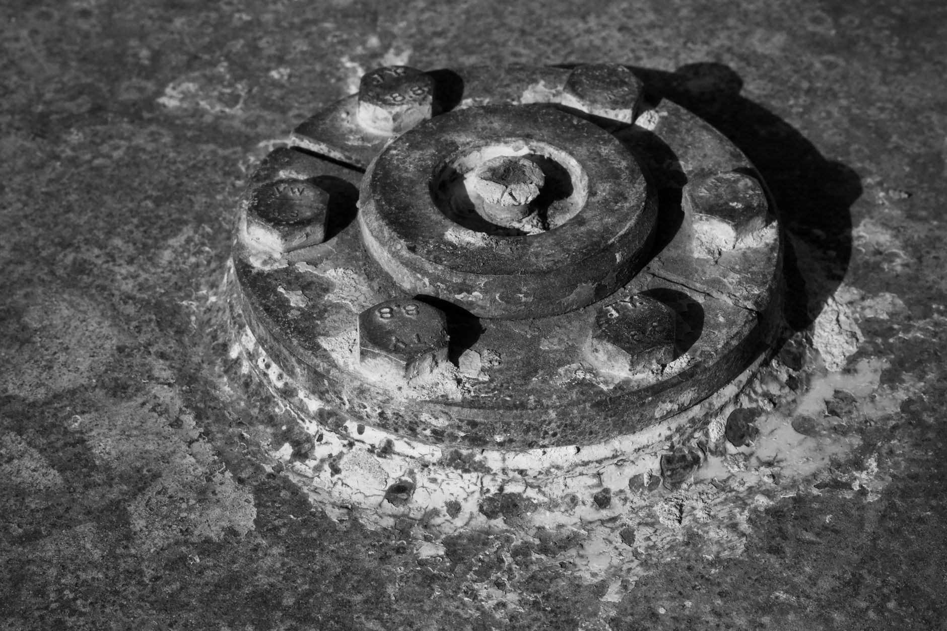 Black and white close-up of a weathered industrial metal bolt embedded in concrete.